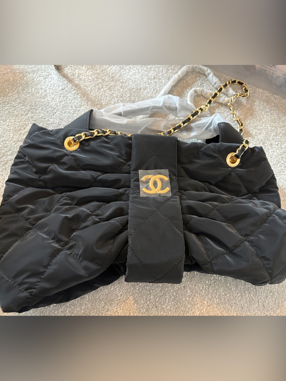 Black Quilted Nylon Shoulder Bag with Gold Hardware